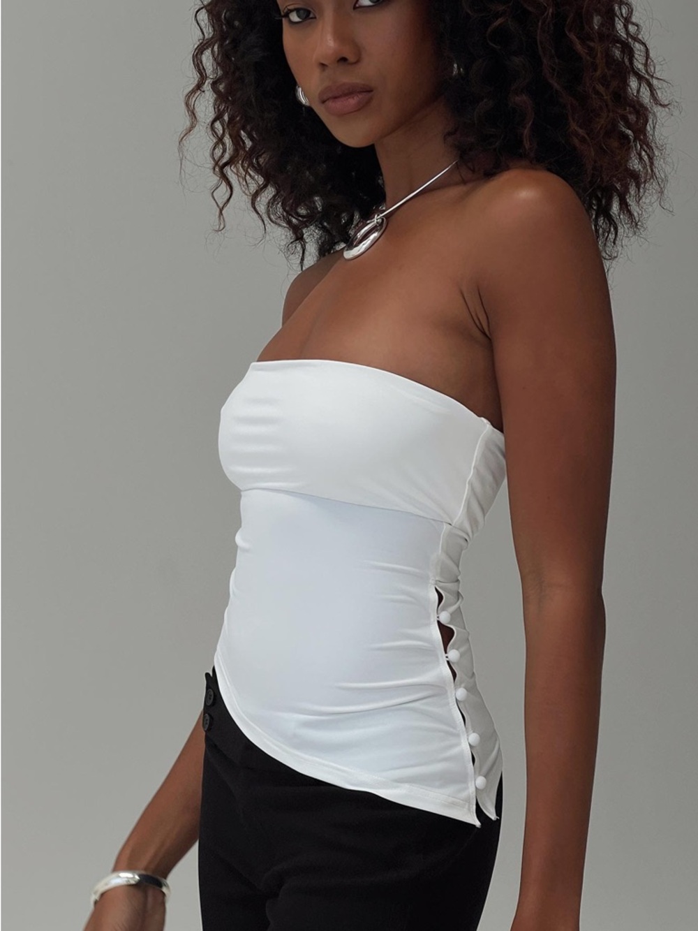 Princess Polly Strapless White Side-Button Tank Top